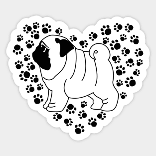 Pug dog and paw prints heart. Sticker